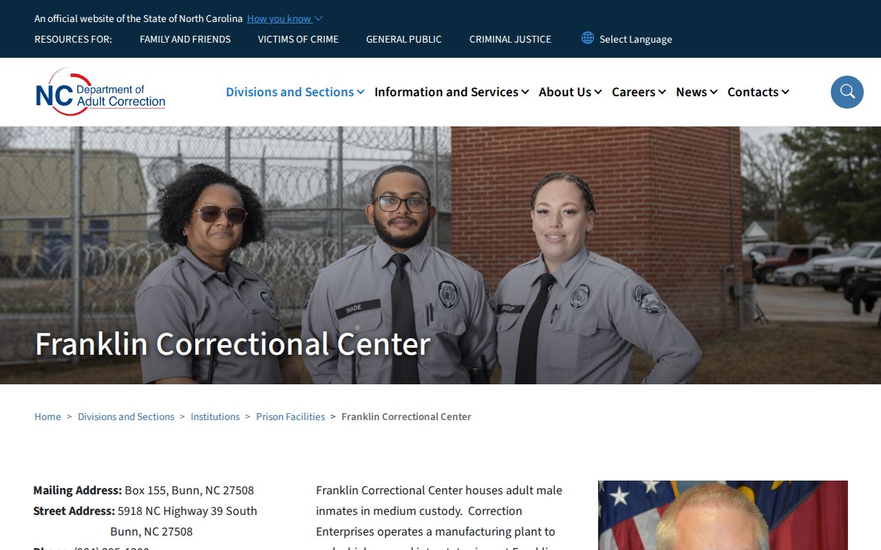 North Carolina DAC Franklin Correctional Center facility page