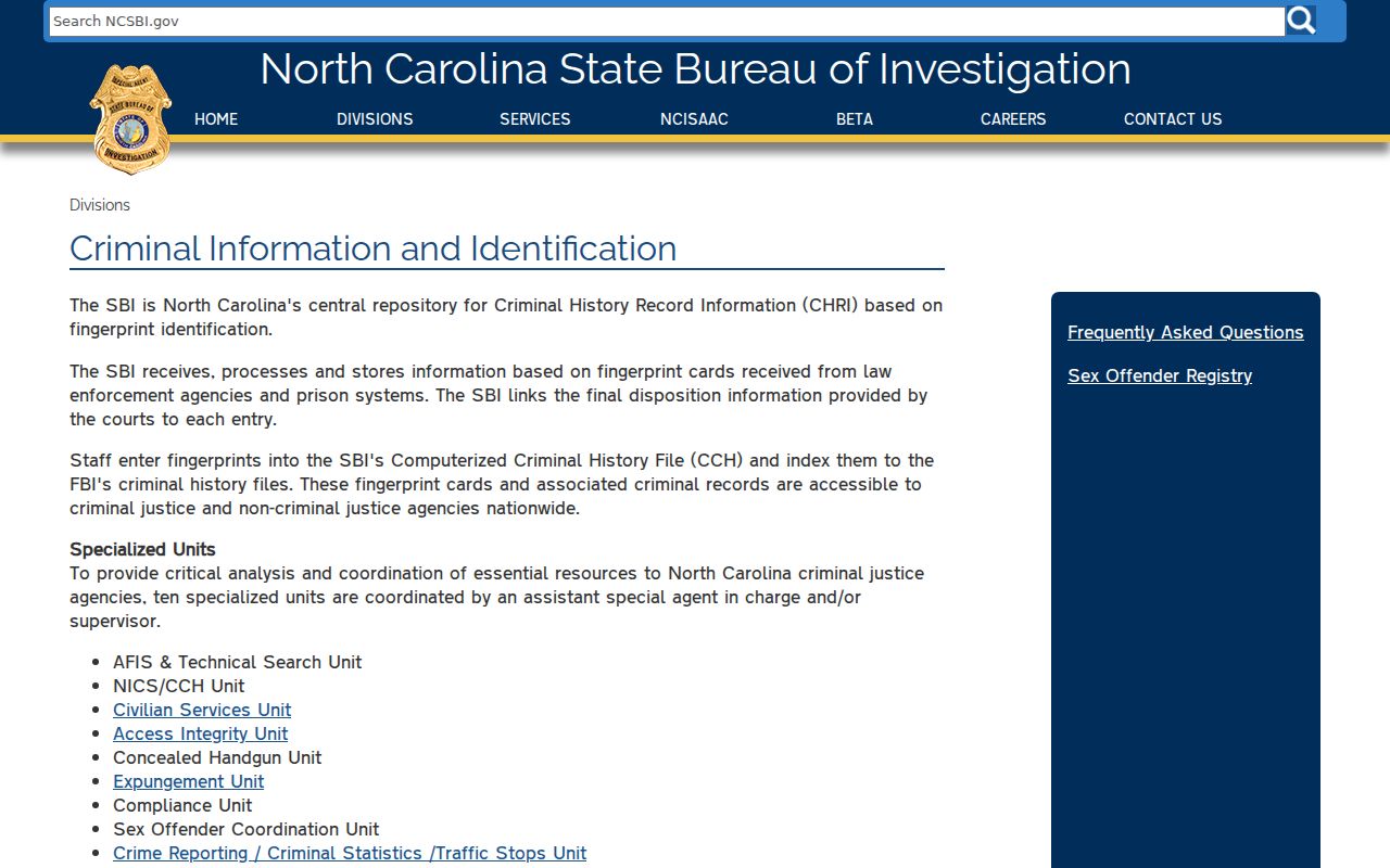 North Carolina SBI criminal information and identification repository page